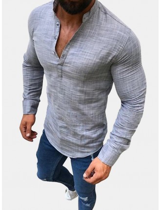 Mens Linen Casual Long Sleeve Solid Color Stand Collar T-Shirt
