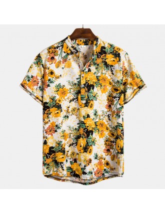Mens Vacation Style Loose Printed Stand Collar Short Sleeve Henry Shirt