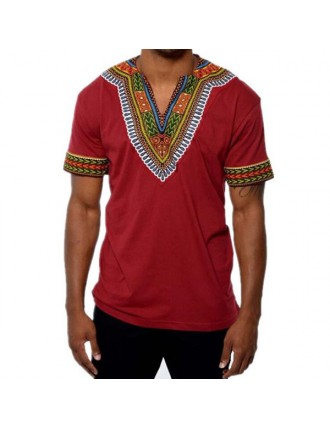 Mens African Ethnic Style 3D Printed V-neck Casual Summer T Shirts