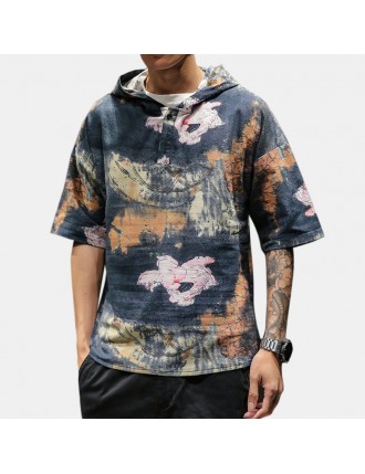 Mens Chinese Style Vintage Printing Short Sleeve Hooded Pullover Henley Shirts