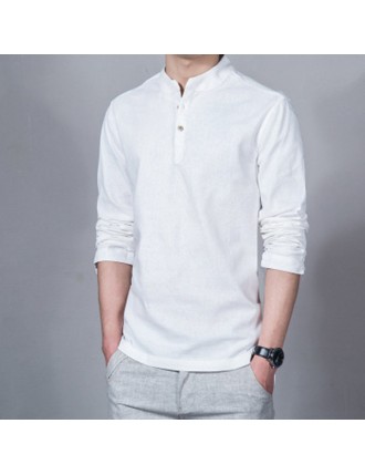 Mens Chinese Style Linen Long Sleeve T Shirt Fashion Solid Color Casual Tops
