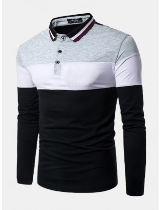 Mens Hit Color Casual Golf Shirt Printed Turn-down Collar Long Sleeve Cotton Tops