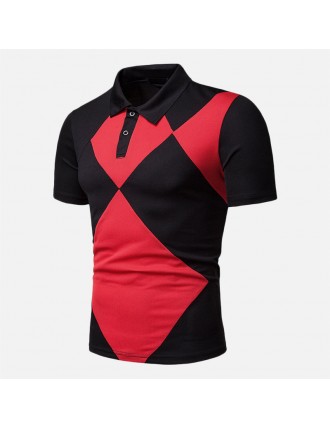 Mens Contrast Color Splice Turn Down Collar Short Sleeve Loose Comfy Sport Golf Shirts
