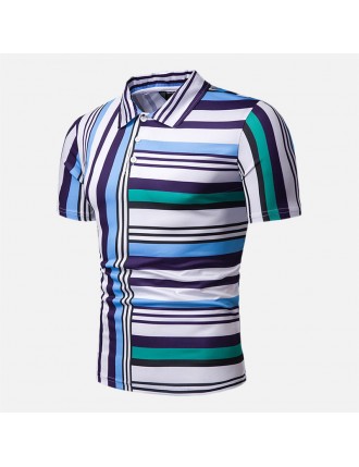 Mens Multi Color Striped Turn Down Collar Short Sleeve Comfy  Golf Shirts