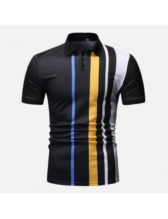 Mens Multi Color Stripe Printed Turn Down Collar Short Sleeve Loose Golf Shirts