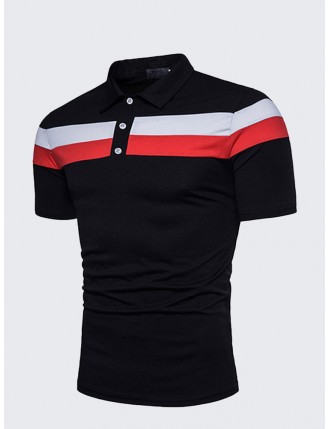 Mens Business Casual Striped Golf Shirt Western Style Stylish Hit Color Slim Fit T Shirts