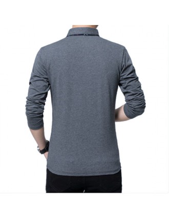 Mens Line Design Fleece Lining Turndown Collar Long Sleeve Casual Cotton Polo Shirt