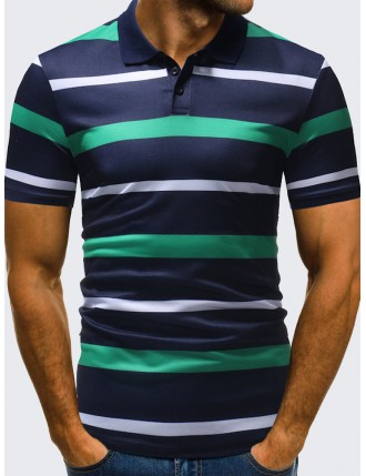 Mens Business Casual Striped Printed Tops Turndown Collar Short Sleeve Cotton Golf Shirt