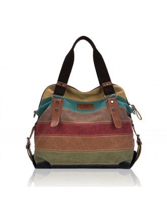 Women Casual Stripe Canvas Contrast Color Multi-pocket Handbag Shoulder Bag