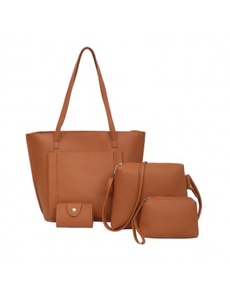 Women PU Leather Handbag Set 4 Pcs Solid Tote Bag