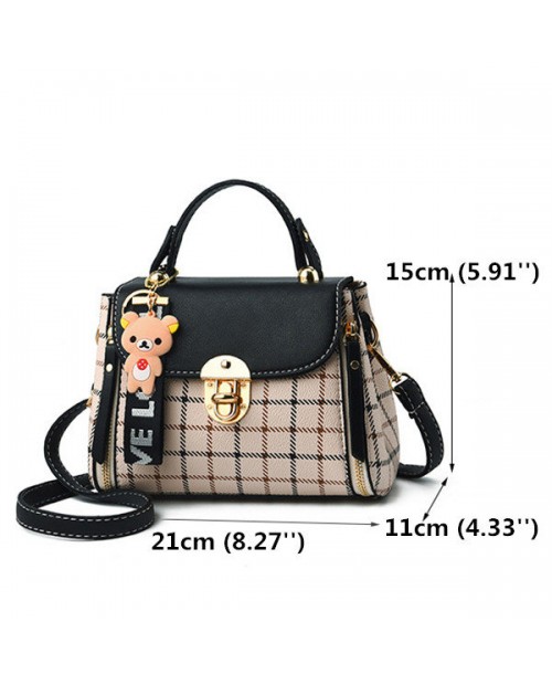 Women Plaid PU Leather Cute Bear Crossbody Bag Casual Handbag