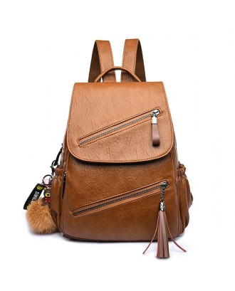 Women Travel Leisure PU Leather Backpack Cartoon Tassel Solid Bags