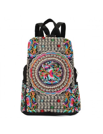 Women National Style Embroidery Zipper Creative Backpack Flower Bag Satchel