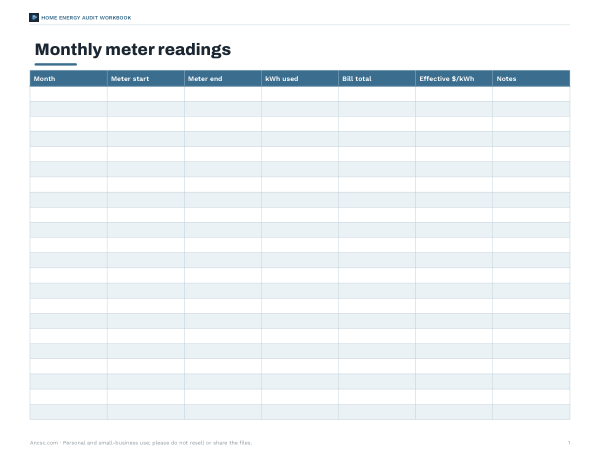 Preview of Printable KWh Meter Reading Log